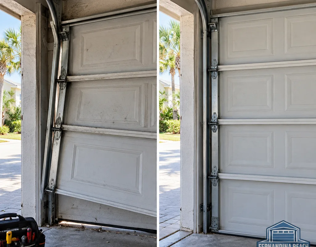 Off-track garage door before and after correction and track alignment