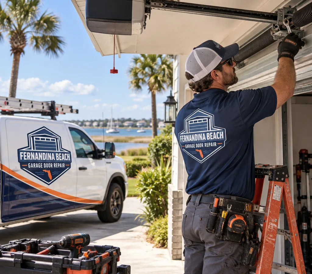 Technician working on a residential garage door torsion spring and opener rail