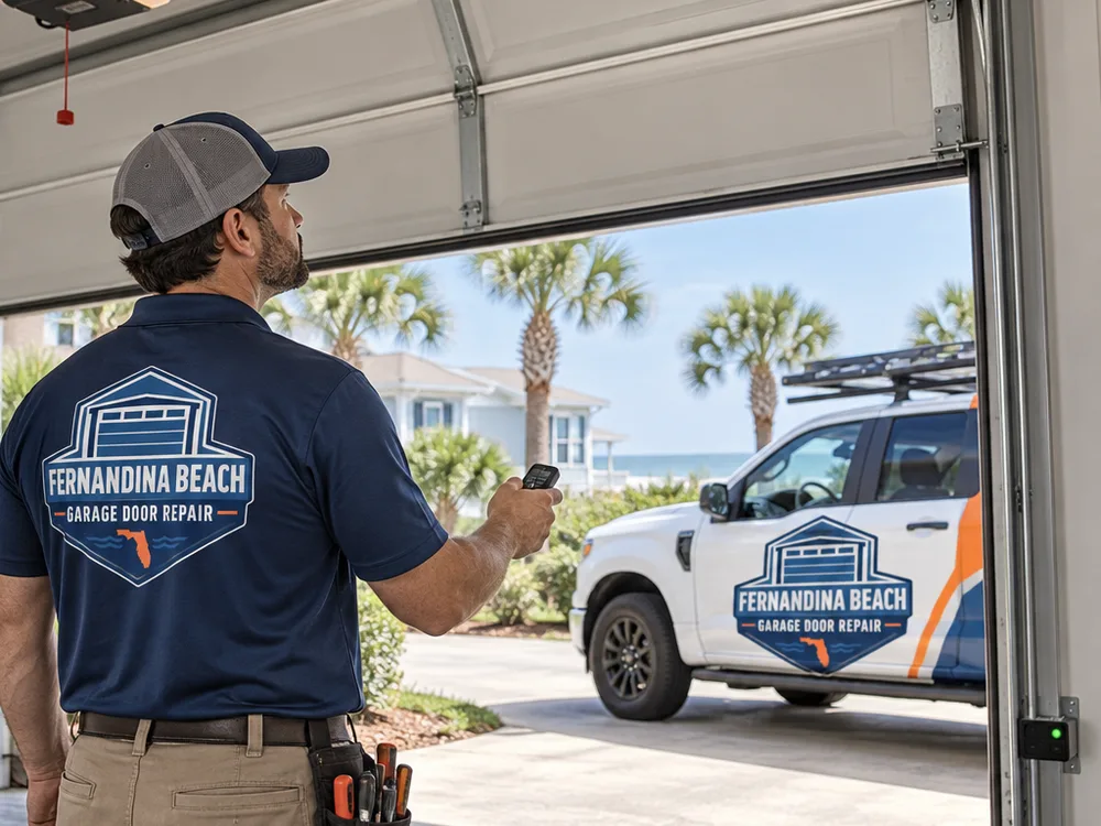 Technician testing a repaired garage door through multiple open and close cycles