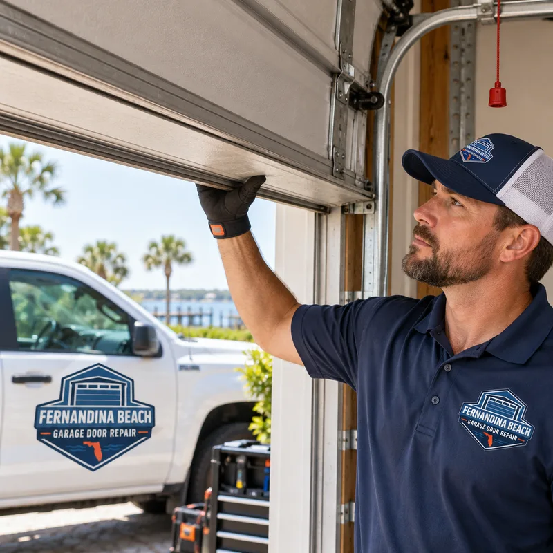 Technician performing a garage door balance test with the opener disengaged