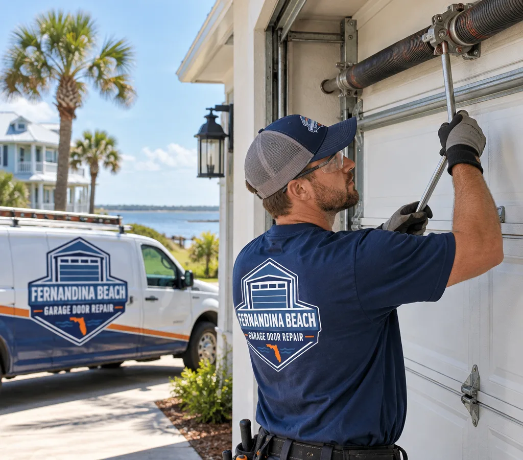 Technician working on residential garage door torsion springs with winding bars and safety gear