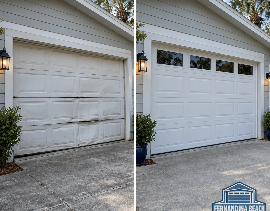 Before and after comparison of an older dented garage door and a new insulated replacement door