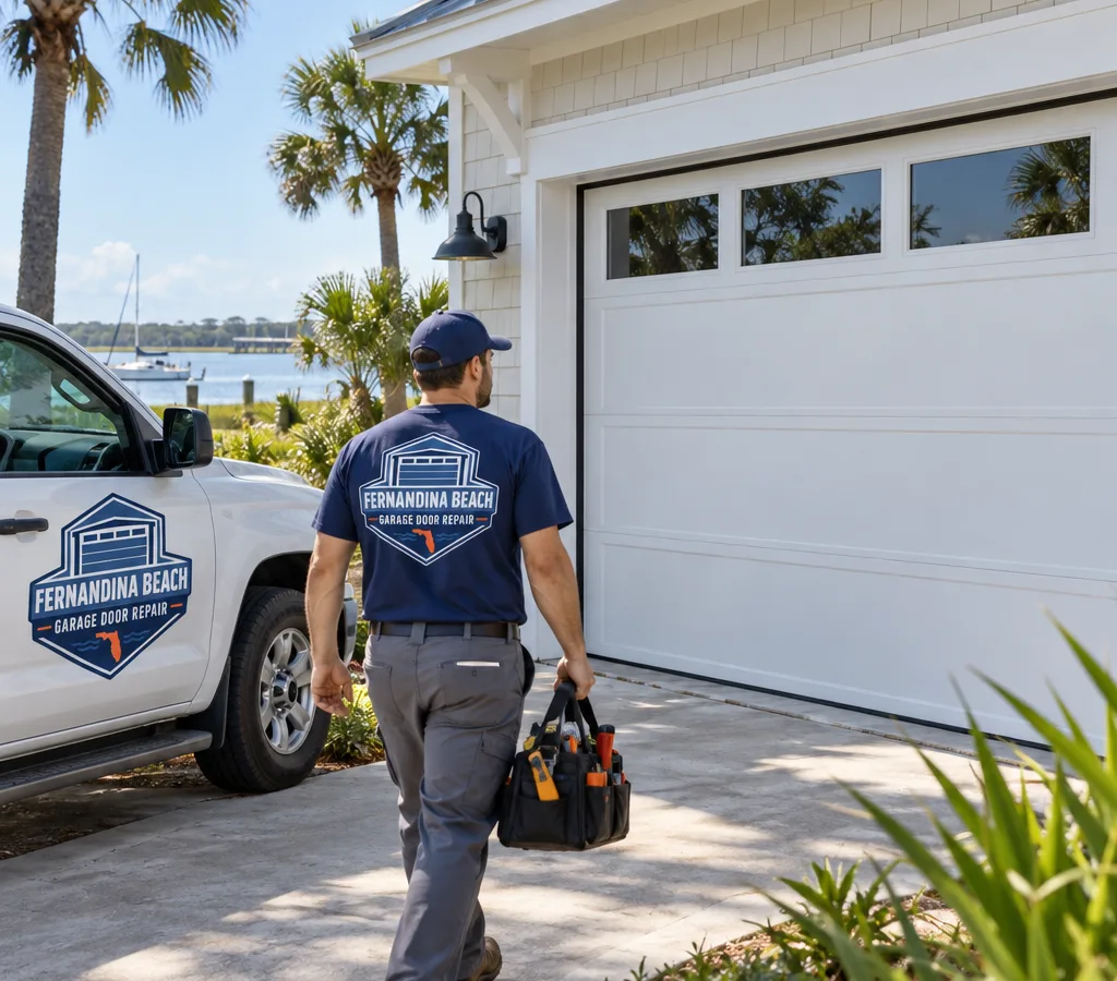 Newly installed modern sectional garage door on a coastal Fernandina Beach home
