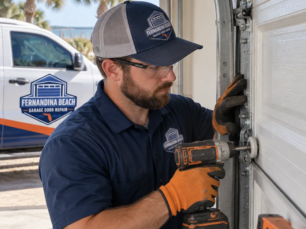 Technician aligning garage door tracks and attaching rollers to a sectional door panel