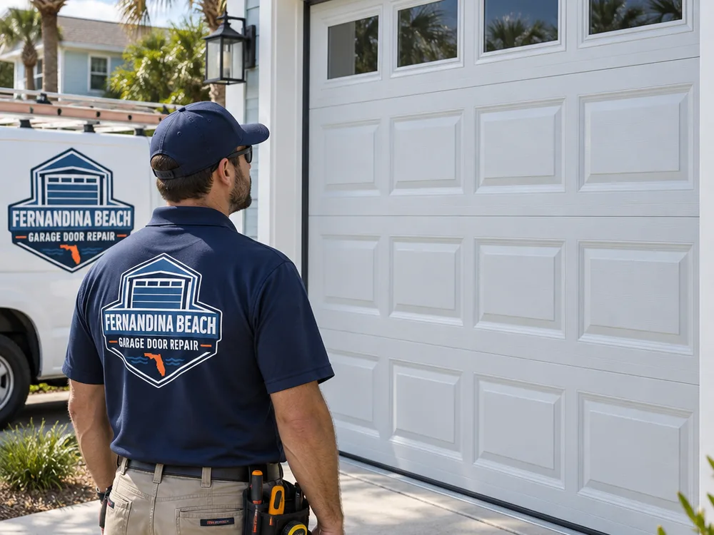 Raised-panel insulated steel garage door in a light coastal color with clean weather seal and matching trim