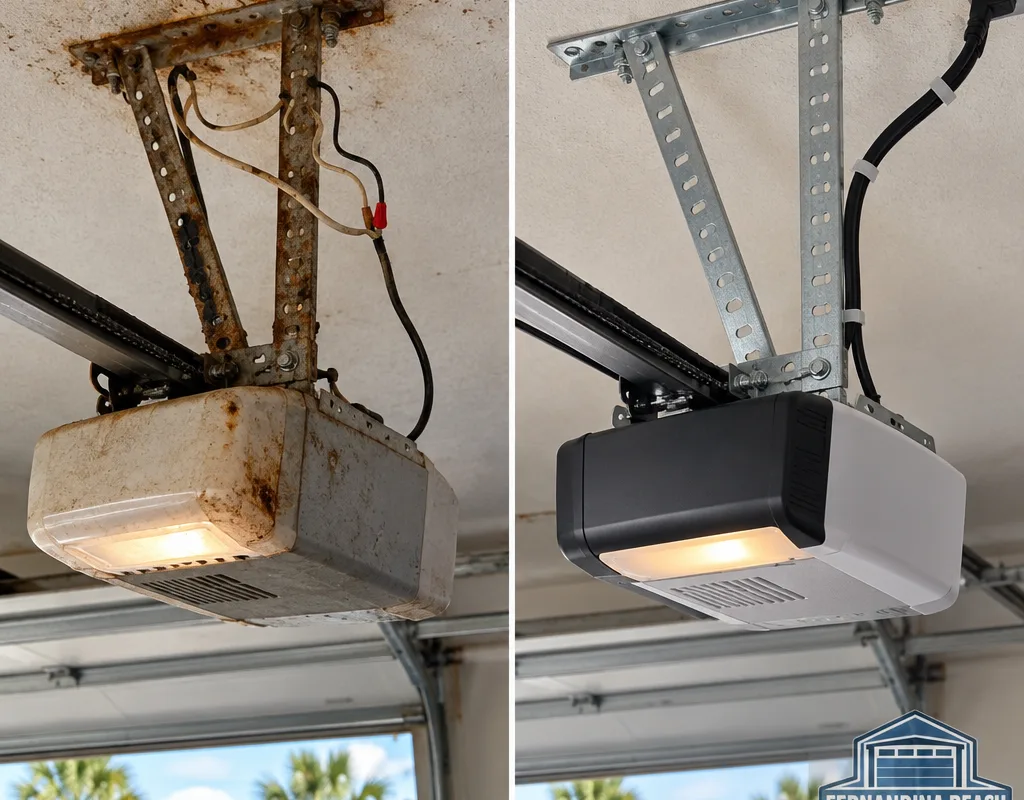 Older rust-stained opener mounting and messy wiring compared with a new braced installation and secured wiring