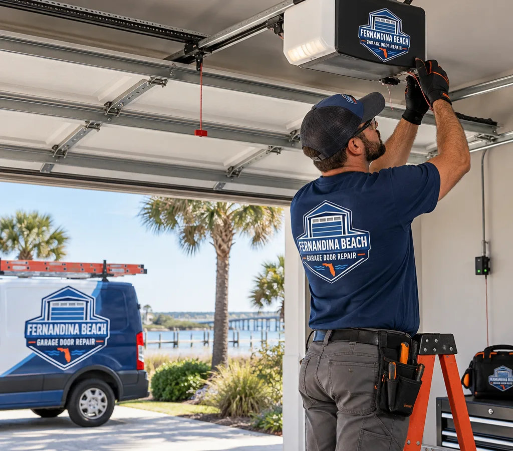 Technician installing a ceiling-mounted garage door opener motor and rail with visible safety sensor wiring