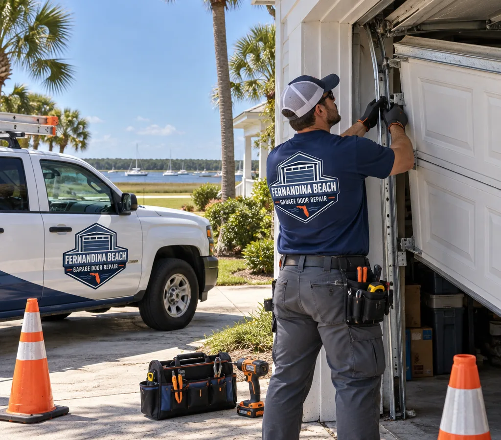 Technician working on a broken sectional garage door with one side visibly off-track in a residential driveway, with tools and safety cones