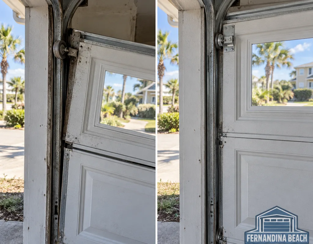 Before-and-after view of a crooked off-track garage door restored level with rollers seated and track aligned