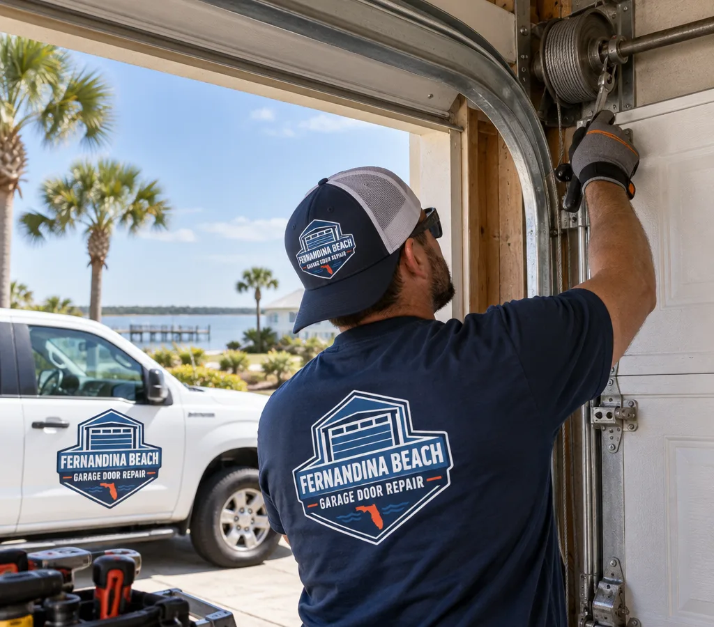 Technician inspecting the lift cable, bottom bracket, track, and drum on a residential sectional garage door
