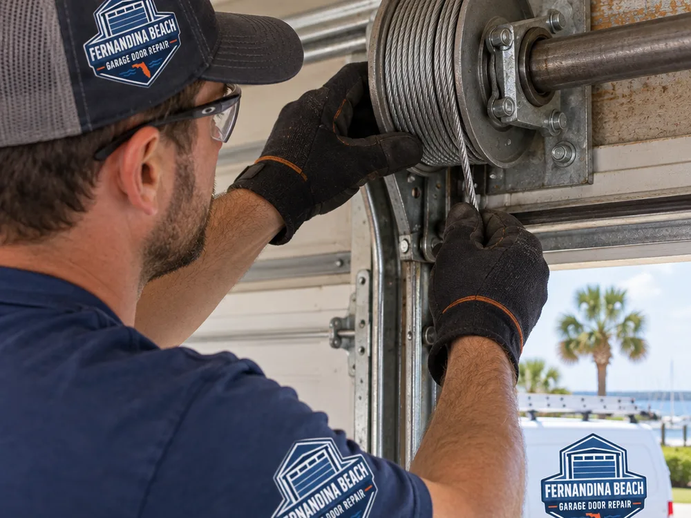 Garage door cable correctly seated in the grooves of a torsion drum with proper alignment at the bearing plate and shaft